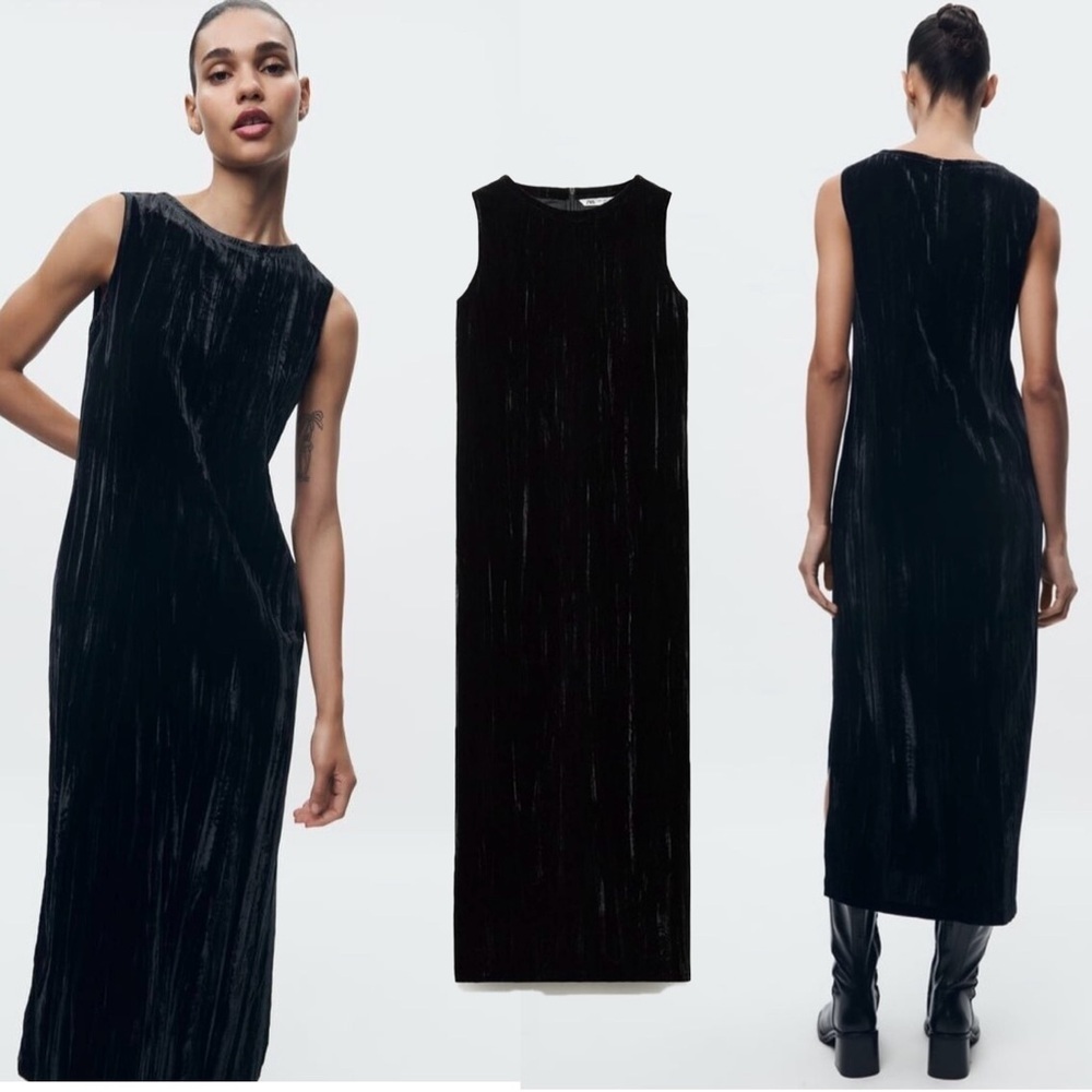 Zara ZW Collection black crushed wrinkled velvet sleeveless midi maxi dress XS